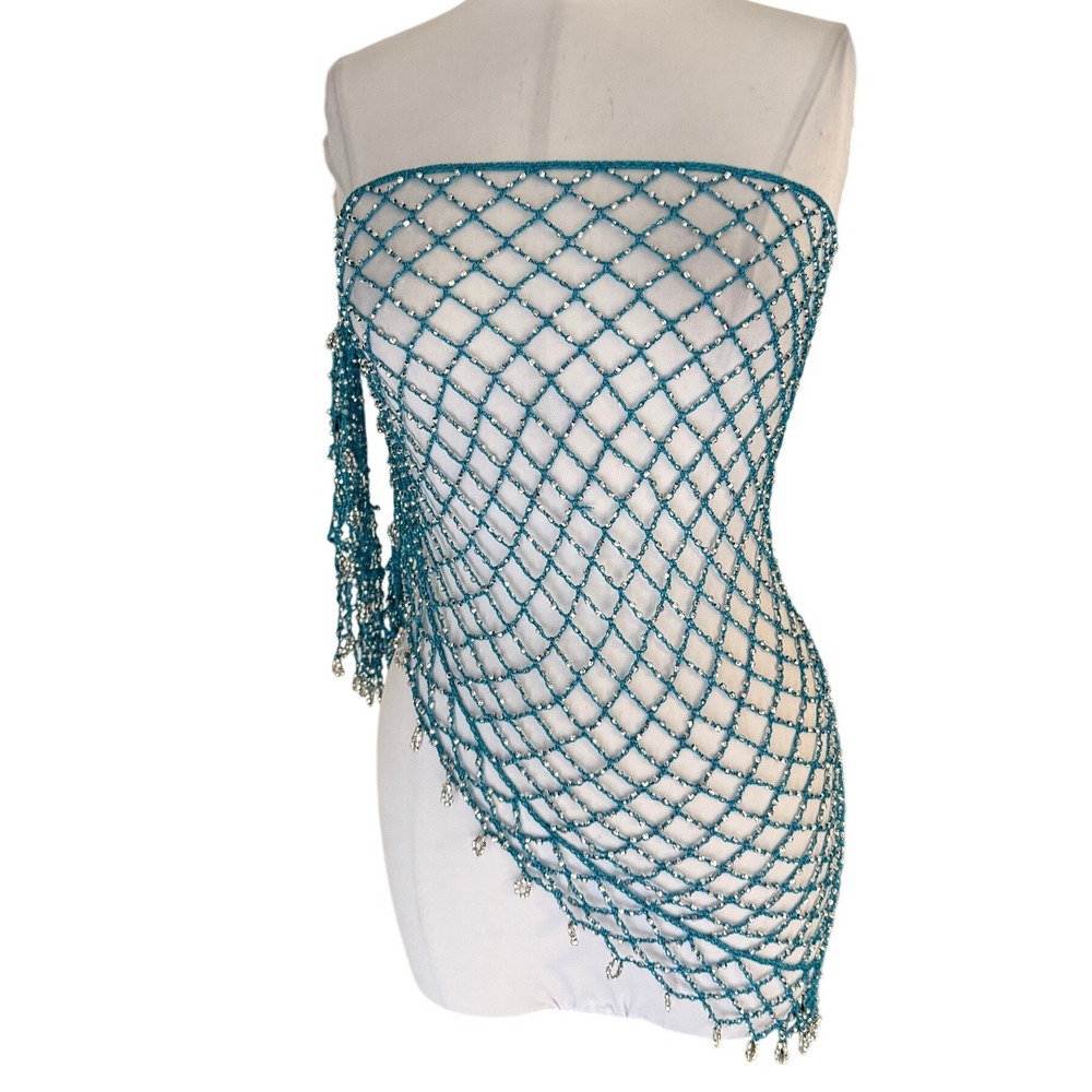 Y2K Beaded Mesh Shawl Turquoise Silver Fringed Fishnet Wrap